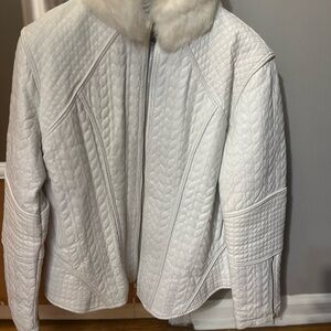 Gorgeous white leather biker jacket with fur collar